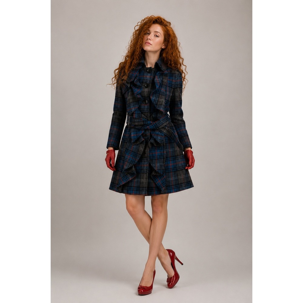 L.A.M.B. Gwen Stefani Fall 2009 Plaid Lambswool Ruffle Trench Coat Blue‎ Grey 4